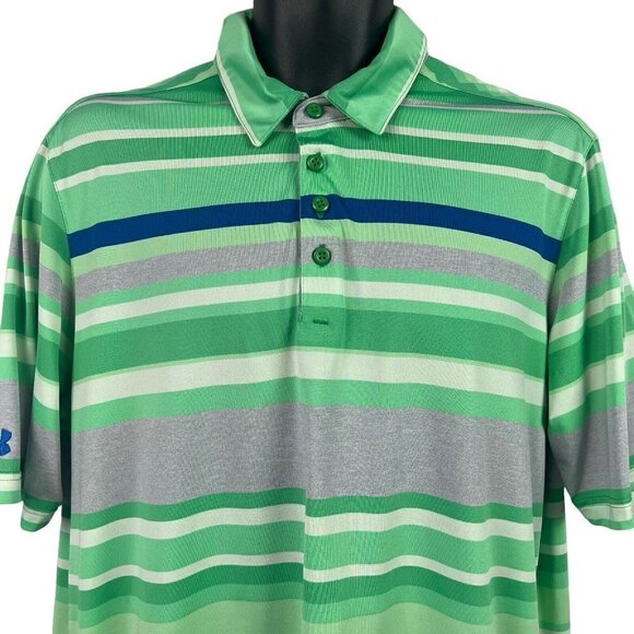 Under Armour Loose Heatgear Polo Golf Shirt Green Stripe Stretch Large - Picture 2 of 9